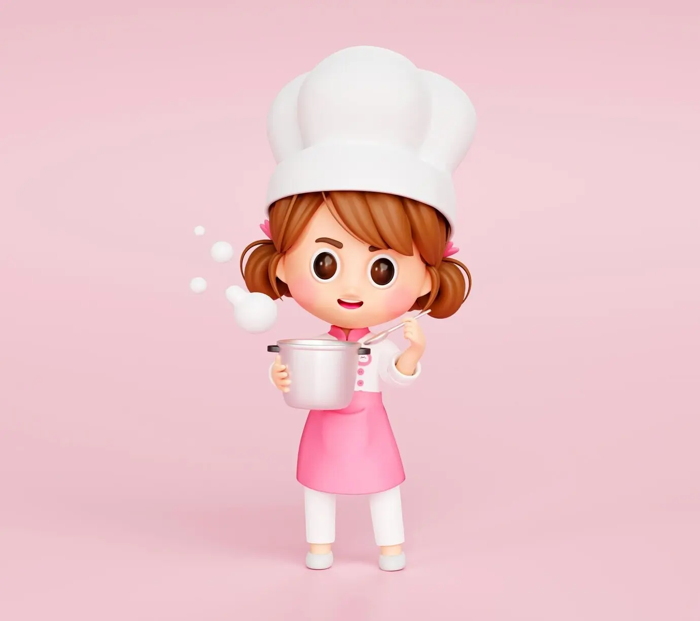 Süßes Kochmädchen in Uniform, das Topf und Löffel hält; Restaurant-Maskottchen-Charakter-Logo vor pinkem Hintergrund; 3D-Illustration, Cartoon.